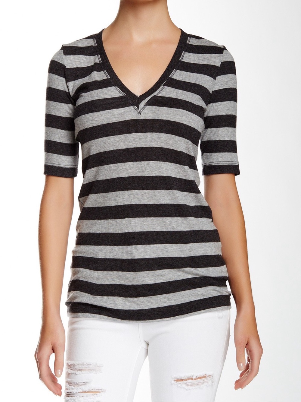 NWT H by bordeaux Black and Gray Striped V-Neck Short Sleeve Tee—Size Small